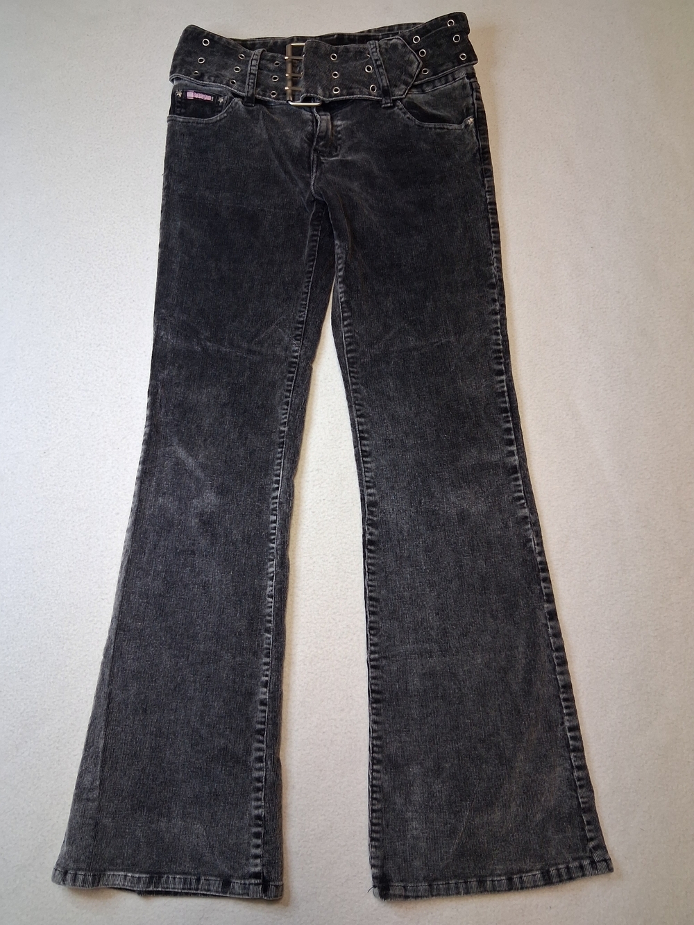 Y2K Bubblegum Black Washed Flare Jeans with Triple Eyelet Belt